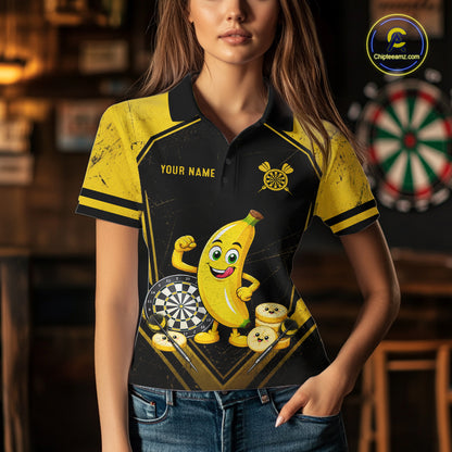 Funny Banana Mascot Black And Yellow Darts Jersey For Women Custom Polo & 1/4 Zip Darts Team Shirts NYN3206