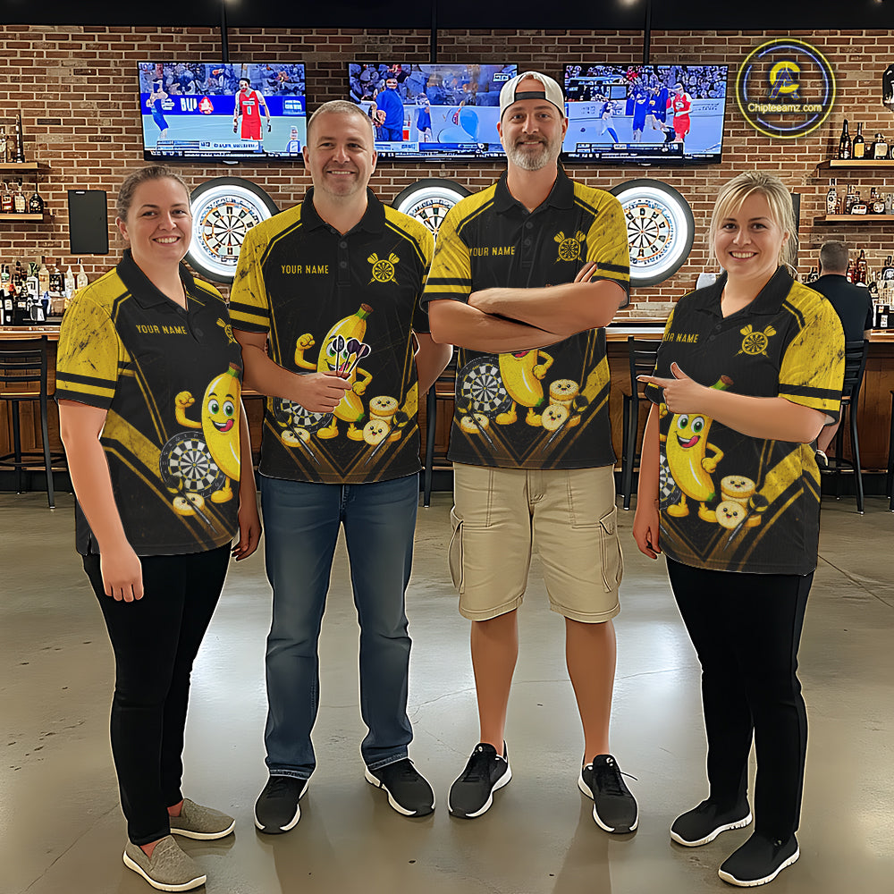 Funny Banana Mascot Black And Yellow Darts Jersey For Men Custom Polo & 1/4 Zip Darts Team Shirts NYN3206