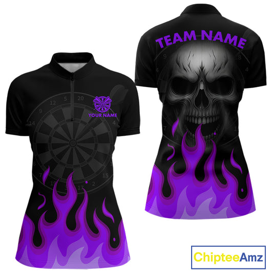 Custom Purple Flames Skull Dartboard 1/4-Zip Darts Shirt For Women Outfit Dart Team Jersey NYN0994