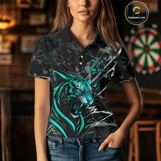 Women's Dart Polo Team Shirt Fierce Tiger Dartboard - Personalized Darts Team | Turquoise NYN1017