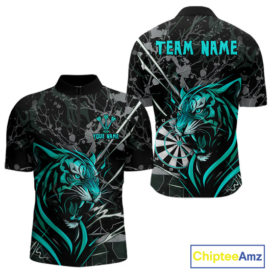 Men's 1/4-Zip Dart Shirt Turquoise Fierce Tiger Dartboard Personalized Darts Jerseys Outfits NYN1017