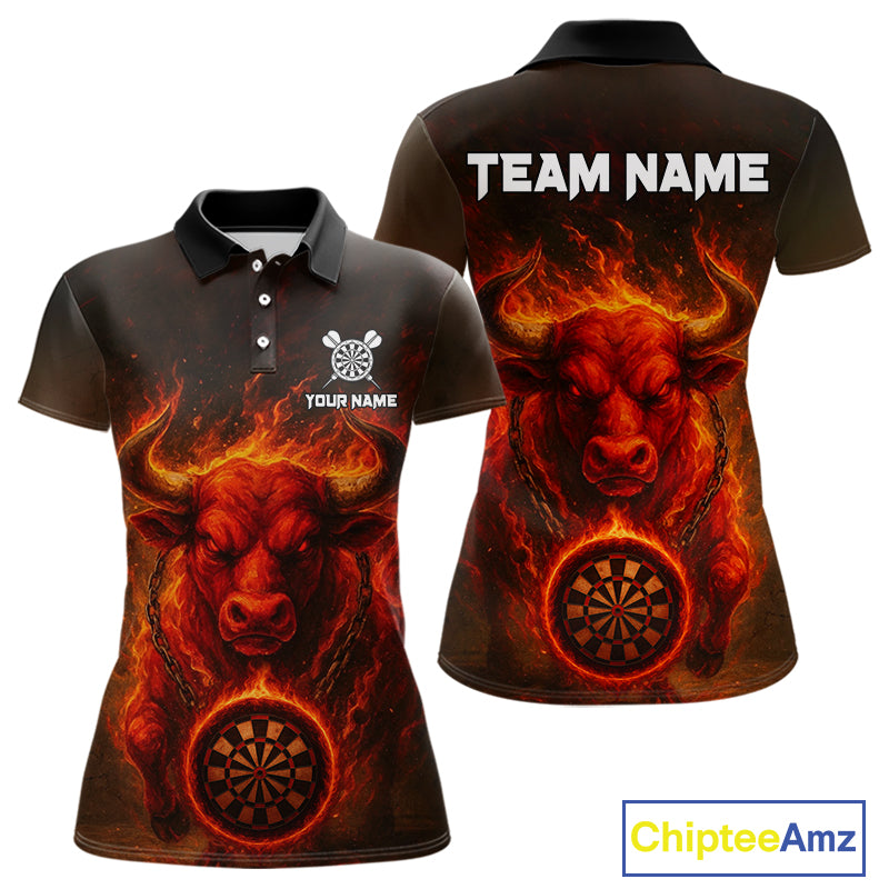 Custom Funny Bull Grunge Red Flames Dartboard Dart Women Polo Shirt Outfits Dart Jerseys NYN1635