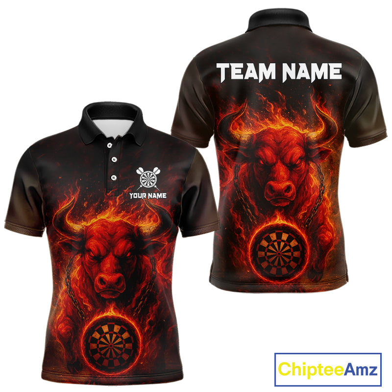Custom Funny Bull Grunge Red Flames Dartboard Dart Men Polo Shirt Outfits Dart Jerseys NYN1635