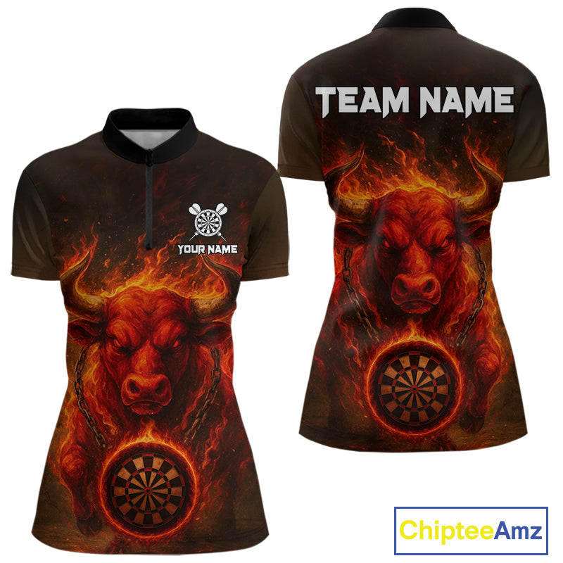 Custom Funny Bull Grunge Red Flames Dartboard Dart Women 1/4-Zip Shirt Outfits Dart Jerseys NYN1635