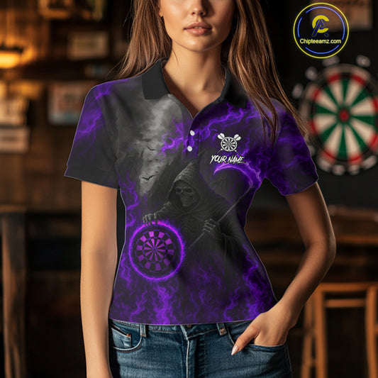 Custom Purple Flaming Dartboard Grim Reaper Dart Women Polo Shirt Dart Team Jerseys NYN1639