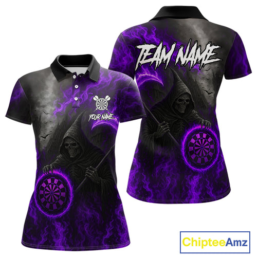 Custom Purple Flaming Dartboard Grim Reaper Dart Women Polo Shirt Dart Team Jerseys NYN1639