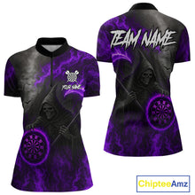 Load image into Gallery viewer, Custom Purple Flaming Dartboard Grim Reaper Dart Women 1/4-Zip Shirt Dart Team Jerseys NYN1639