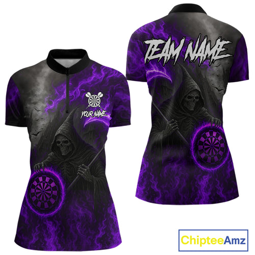Custom Purple Flaming Dartboard Grim Reaper Dart Women 1/4-Zip Shirt Dart Team Jerseys NYN1639
