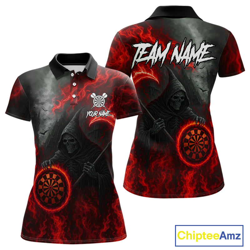 Custom Red Flaming Dartboard Grim Reaper Dart Women Polo Shirt Dart Team Jerseys NYN1640