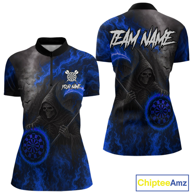 Custom Blue Flaming Dartboard Grim Reaper Dart Women 1/4-Zip Shirt Dart Team Jerseys NYN1641