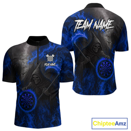 Custom Blue Flaming Dartboard Grim Reaper Dart Men 1/4-Zip Shirt Dart Team Jerseys NYN1641