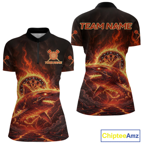 Red Flames Shark Cracked Dartboard Custom Women Darts Quarter-Zip Shirt Fire Flame Dart Jerseys NYN1919