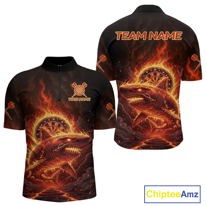 Red Flames Shark Cracked Dartboard Custom Men Darts Quarter-Zip Shirt Fire Flame Dart Jerseys NYN1919