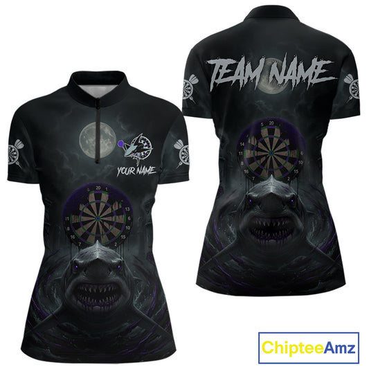 Black And Purple Gothic Shark Dartboard Custom Women Darts Quarter-Zip Shirt Shark Dart Jerseys NYN1923