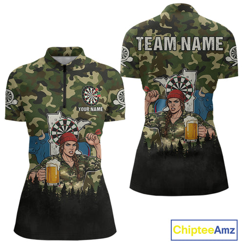 Custom Camouflage Human & Funny Beer Bull Dartboard Women Darts Quarter-Zip Shirt Dart Jerseys NYN1925