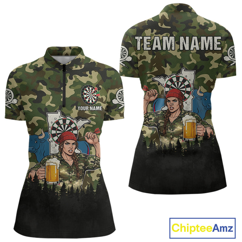 Custom Camouflage Human & Funny Beer Bull Dartboard Women Darts Quarter-Zip Shirt Dart Jerseys NYN1925