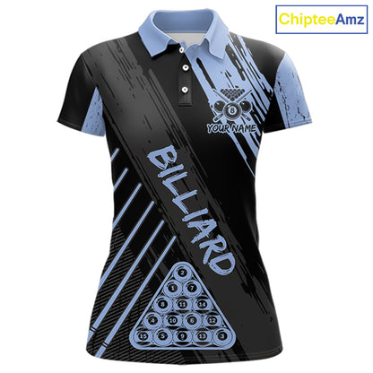 Light-Blue Grunge Billiard Ball Pool Women Polo & 1/4-Zip Shirt Custom 8 Ball Billiards Jerseys NYN2452