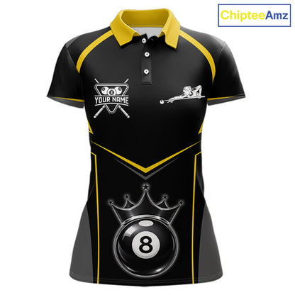 Black 8 Ball Crown Pool Women Polo & 1/4-Zip Team Shirts Custom Billiards Ball & Cue Attire|Yellow NYN2459