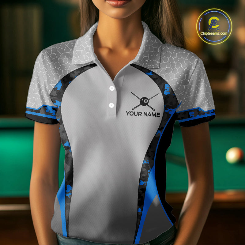 Camo 8 Ball Pool Billiard Polo & 1/4-Zip Shirt For Women Custom Blue And Grey Billiard Team Attire NYN3048
