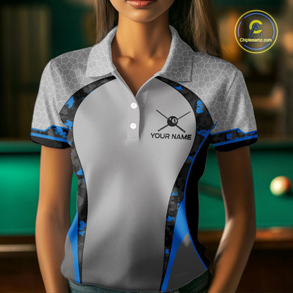 Camo 8 Ball Pool Billiard Polo & 1/4-Zip Shirt For Women Custom Blue And Grey Billiard Team Attire NYN3048