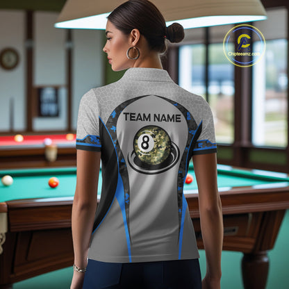 Camo 8 Ball Pool Billiard Polo & 1/4-Zip Shirt For Women Custom Blue And Grey Billiard Team Attire NYN3048