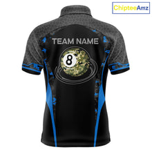 Load image into Gallery viewer, Camo 8 Ball Pool Billiard Polo &amp; 1/4-Zip Shirt For Men Custom Blue And Black Billiard Team Attire NYN3049