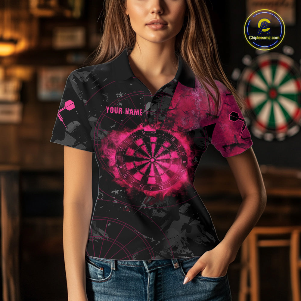 Black And Pink Smoking Dartboard Women Dart Polo 1/4-Zip Shirt Custom Grunge Dart Team Attire NYN3214