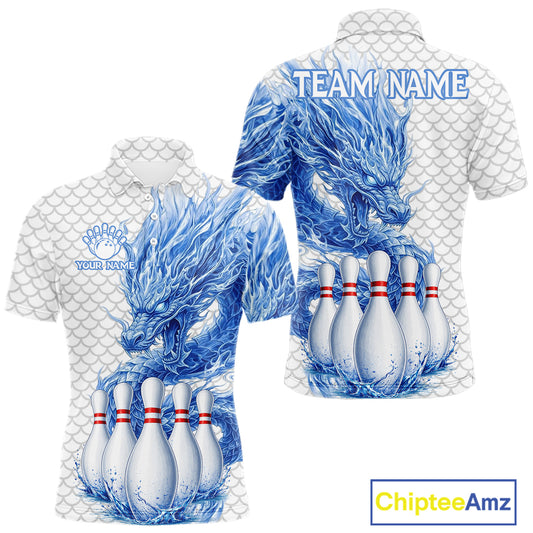 Men's white blue dragon bowling polo shirt mockup custom bowling team jersey splatter dragon bowling apparel