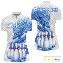 Load image into Gallery viewer, Women's white blue dragon bowling quarter zip shirt mockup custom bowling team jersey dragon bowling apparel