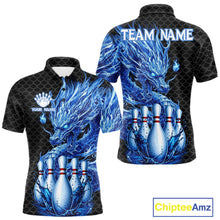 Load image into Gallery viewer, Men's black blue dragon bowling polo shirt mockup custom bowling team jersey splatter dragon bowling apparel