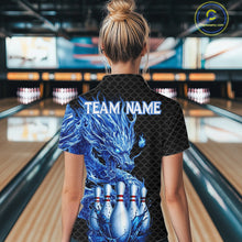 Load image into Gallery viewer, Female model wearing black blue dragon bowling polo shirt custom bowling team jersey for league bowler
