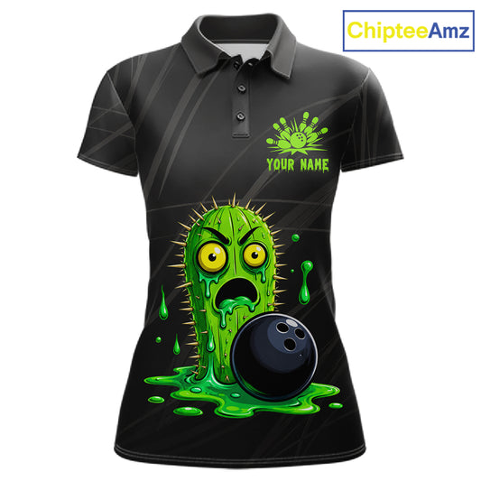 Women's funny green cactus bowling polo shirt mockup custom bowling team jersey cactus bowling apparel