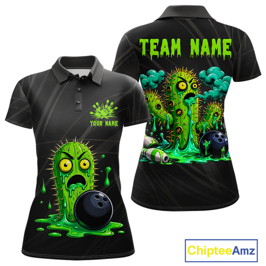 Women's funny green cactus bowling polo shirt mockup custom bowling team jersey cactus bowling apparel