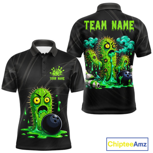 Men's funny green cactus bowling polo shirt mockup custom bowling team jersey cactus bowling apparel
