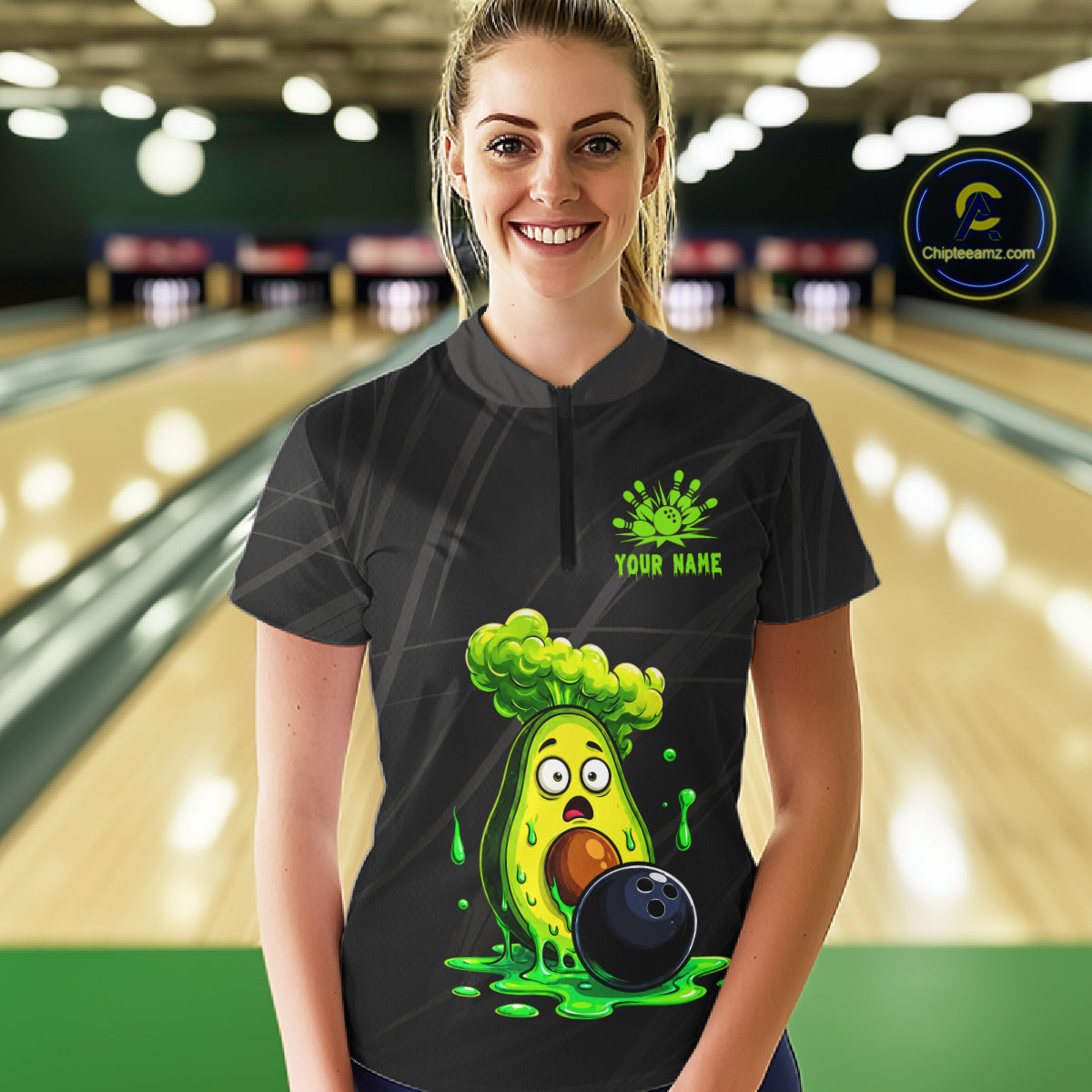 Female model wearing funny avocado bowling shirt custom bowling team jersey for tournament bowlers