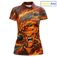 Load image into Gallery viewer, Women's red storm fire flame bowling polo shirt mockup custom bowling team jersey flame bowling apparel