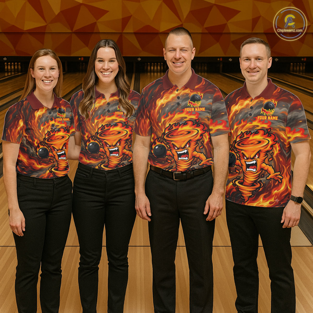 Bowling team wearing red storm fire flame bowling shirts custom bowling team jerseys for tournaments