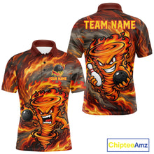 Load image into Gallery viewer, Men's red storm fire flame bowling polo shirt mockup custom bowling team jersey flame bowling apparel