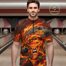 Load image into Gallery viewer, Male model wearing red storm fire flame bowling polo shirt custom bowling team jersey for league bowlers