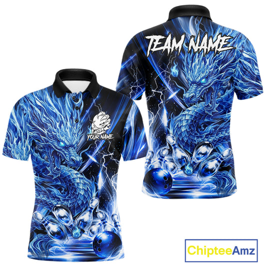Men's thunder lightning blue dragon bowling polo shirt mockup custom bowling team jersey