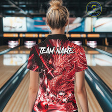 Load image into Gallery viewer, Female model wearing thunder lightning red dragon bowling polo shirt custom bowling team jersey