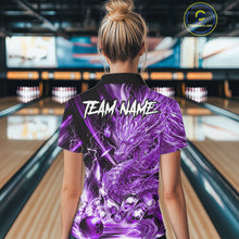 Load image into Gallery viewer, Female model wearing thunder lightning purple dragon bowling polo shirt custom bowling team jersey