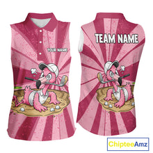 Load image into Gallery viewer, Women's funny Pink Flamingo golf artwork displayed on a premium sleeveless polo mockup, breathable UPF performance golf apparel, custom golf team uniform, tropical golf clothing for golf tournaments, country clubs and summer golf outings. Perfect for flamingo lovers, beach lovers, tropical lifestyle fans, resort travelers.