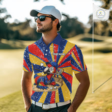 Load image into Gallery viewer, Male golfer modeling colorful parrot golf polo during championship event, premium golf clothing for golf lovers, travelers and wildlife enthusiasts. Represents confidence, intelligence and adventurous spirit.