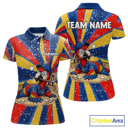 Women's golf polo mockup featuring vibrant grunge parrot artwork, custom golf shirt for women's golf teams, country clubs and tropical golf vacations. Themes: creativity, optimism and adventure.
