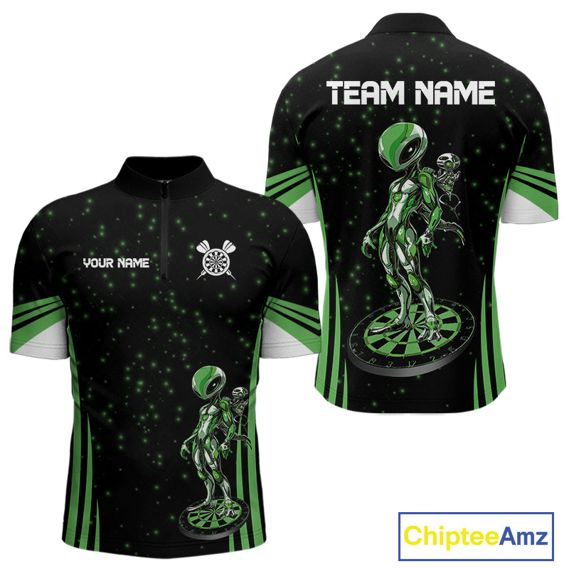 Custom Green Alien Dartboards Dart 1/4-Zip Shirts For Men Outfits Alien Dart Team Jerseys NYN1024