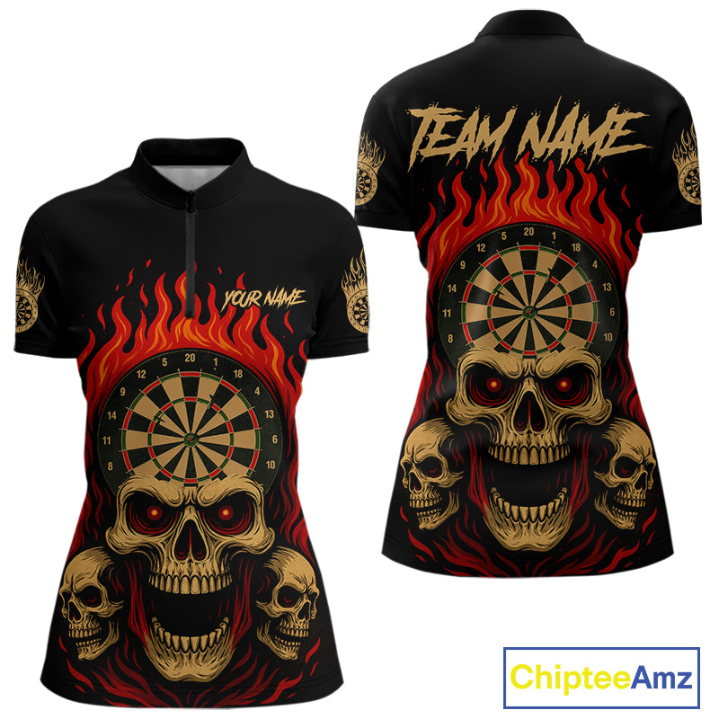 Custom Grunge Horror Skull Fire Flame Dartboard Dart Quarter-Zip Jerseys For Women Dart Gifts NYN1648