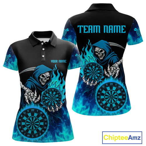 Custom Blue Flames Dartboard Horror Grim Reaper Dart Women Polo Jerseys Outfits Dart Shirt NYN1658