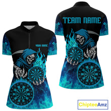 Load image into Gallery viewer, Custom Blue Flames Dartboard Horror Grim Reaper Dart Women Quarter-Zip Jerseys Outfits Dart Shirt NYN1658