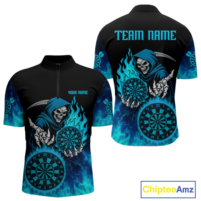 Custom Blue Flames Dartboard Horror Grim Reaper Dart Men Quarter-Zip Jerseys Outfits Dart Shirt NYN1658